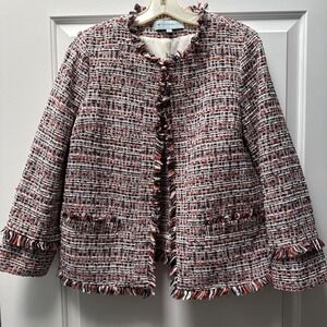 Tuckernuck Tweed Jacket Women's Large Multi‎ Ellsworth Fringe Trim Front Pockets